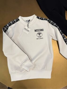 Kids Moschino White Logo Crewneck with Black Shoulder Tape